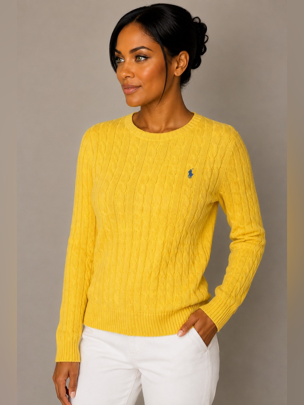 Polo Ralph Lauren Yellow Cable Knit Sweater Blue Pony Boys XL Women’s Fit